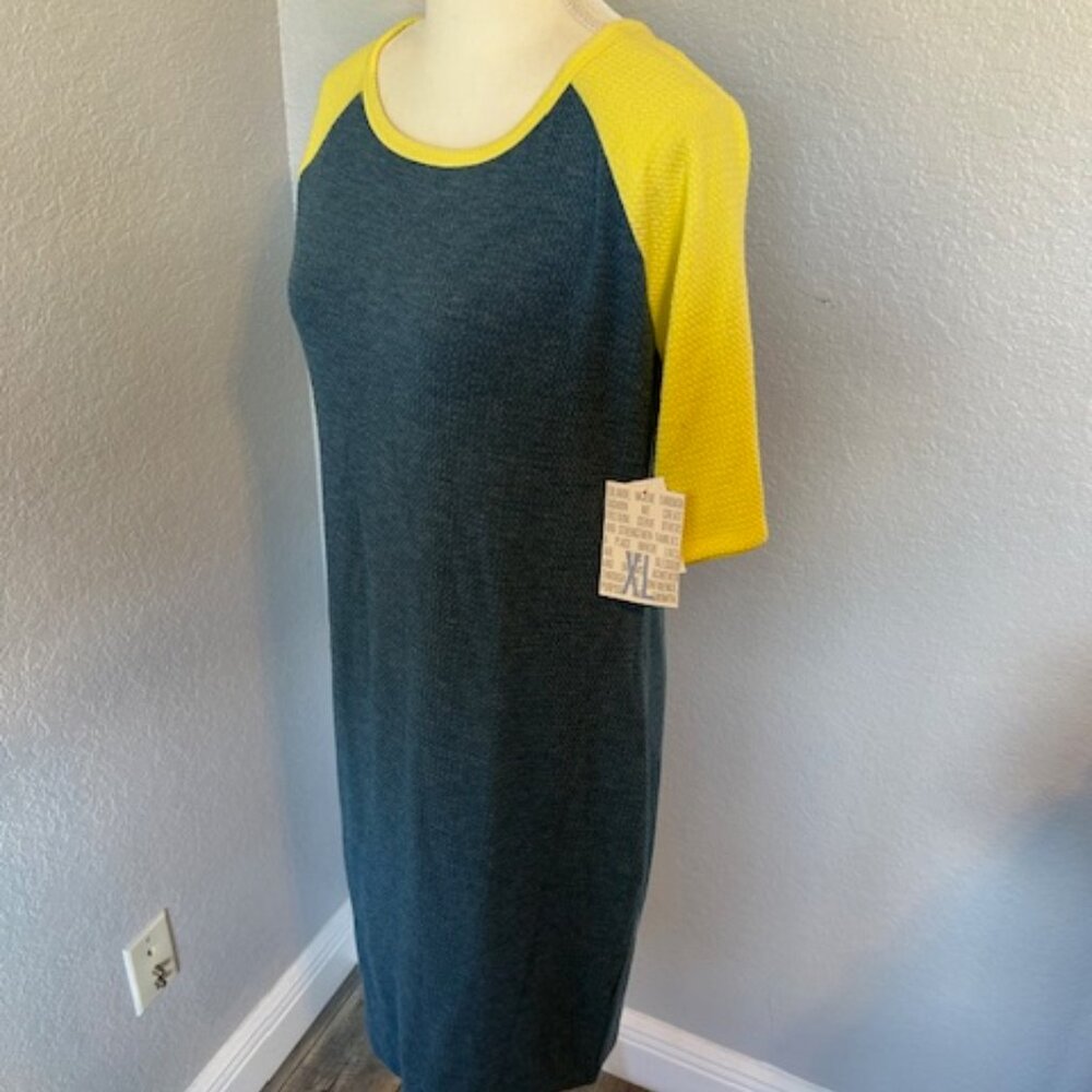 Pencil Dress Size XL 18/20 Blue With Yellow Raglan Sleeves LuLaRoe Julia Sheath